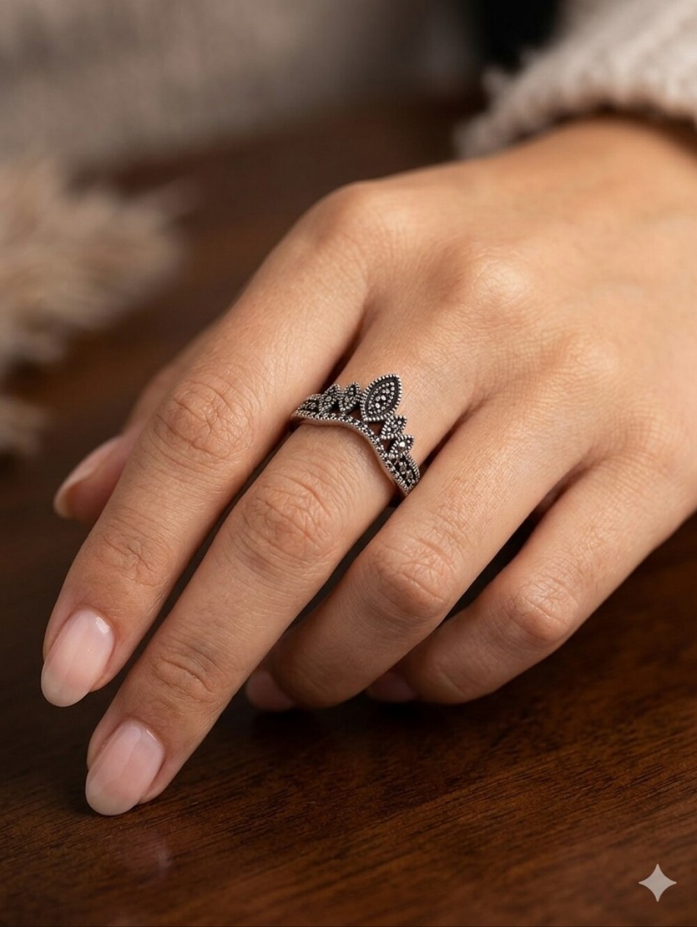 Silver Marquise Crown Ring - Black Oxidized Finish